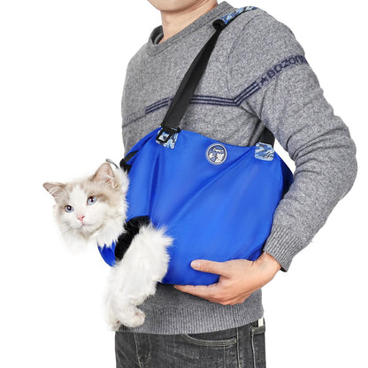 Large Cat Carrier Pouch for Vet Visits, Breathable Cat Sling Carrier for Cutting Nails, Grooming, Travel, Medication, Cat Restraint Bag, Pet Carrier for Cats, Cat Carrier Soft, (Blue,L)