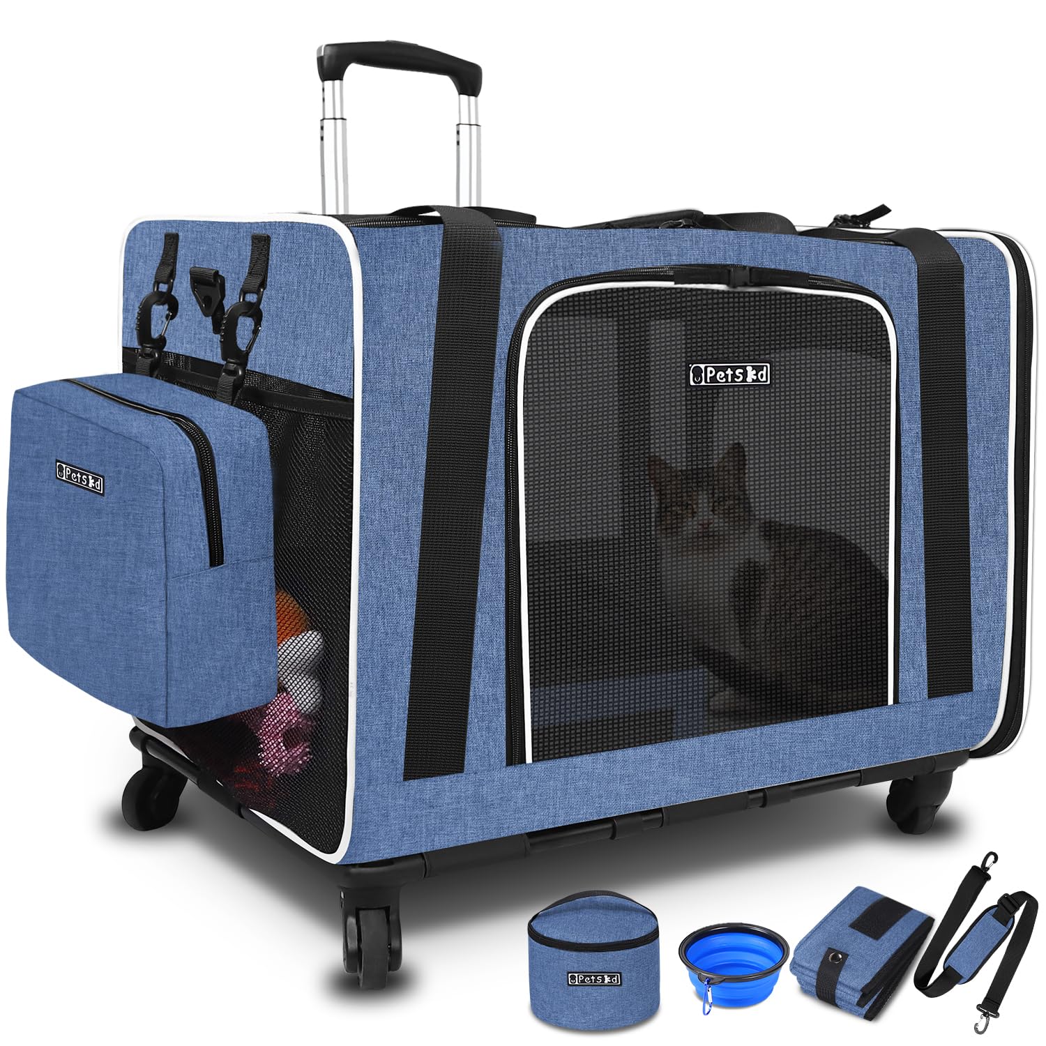 Petskd Extra Large Pet Carrier with Wheels 24"x17"x17" for Cats, Pet Carrier for 2 Cats or Medium Dog, Cat Carrier for Car Travel with Litter Box, Bowl and Locking Safety Zipper(Black)