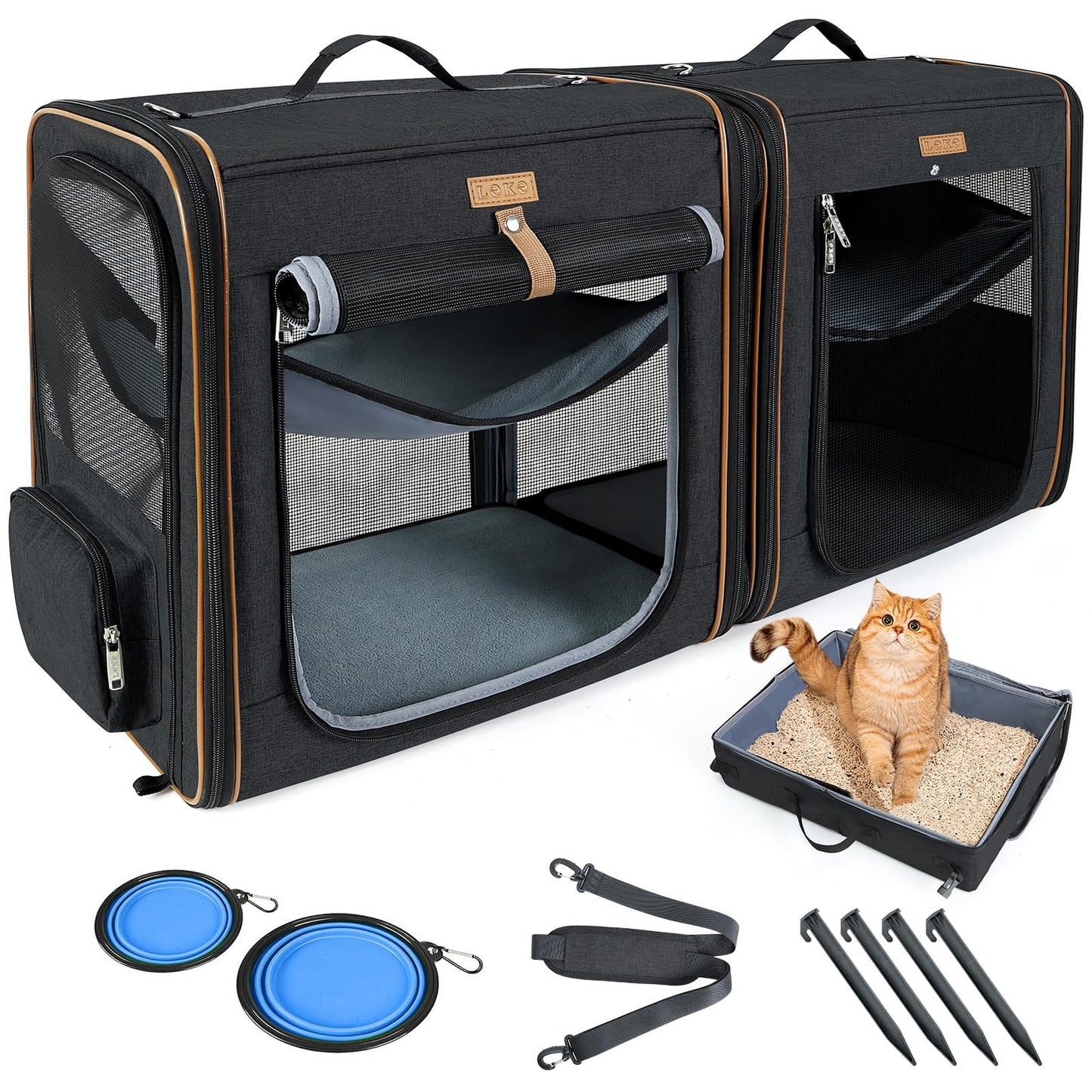 Lekereise 2-in-1 Cat,Dog Carrier for Small Medium Large Pets up to 35 Lbs, (17.7"*2)*16.5"*13" Car Travel Carrier with Litter Box, Bowl, and Locking Zipper - Grey