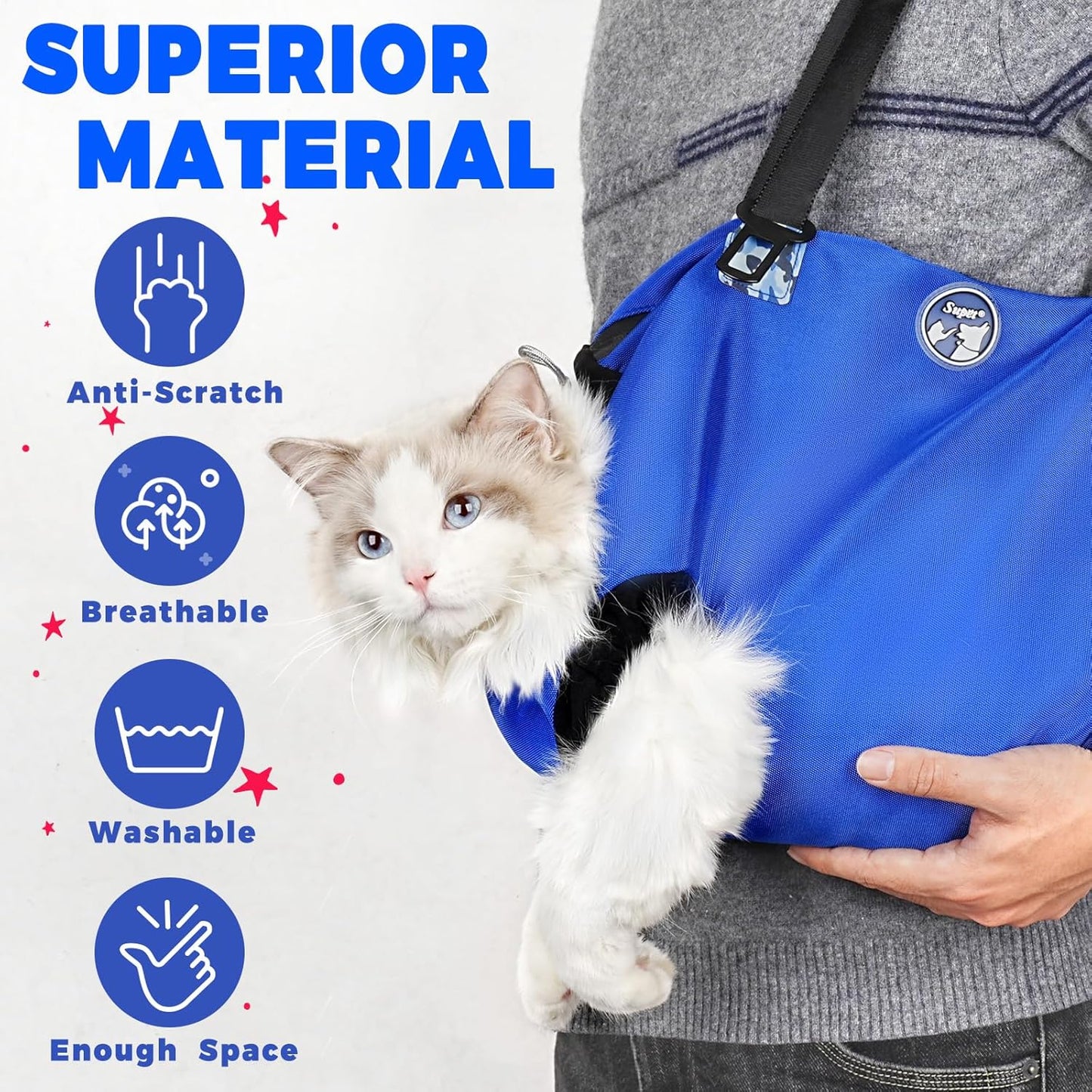 Large Cat Carrier Pouch for Vet Visits, Breathable Cat Sling Carrier for Cutting Nails, Grooming, Travel, Medication, Cat Restraint Bag, Pet Carrier for Cats, Cat Carrier Soft, (Blue,L)