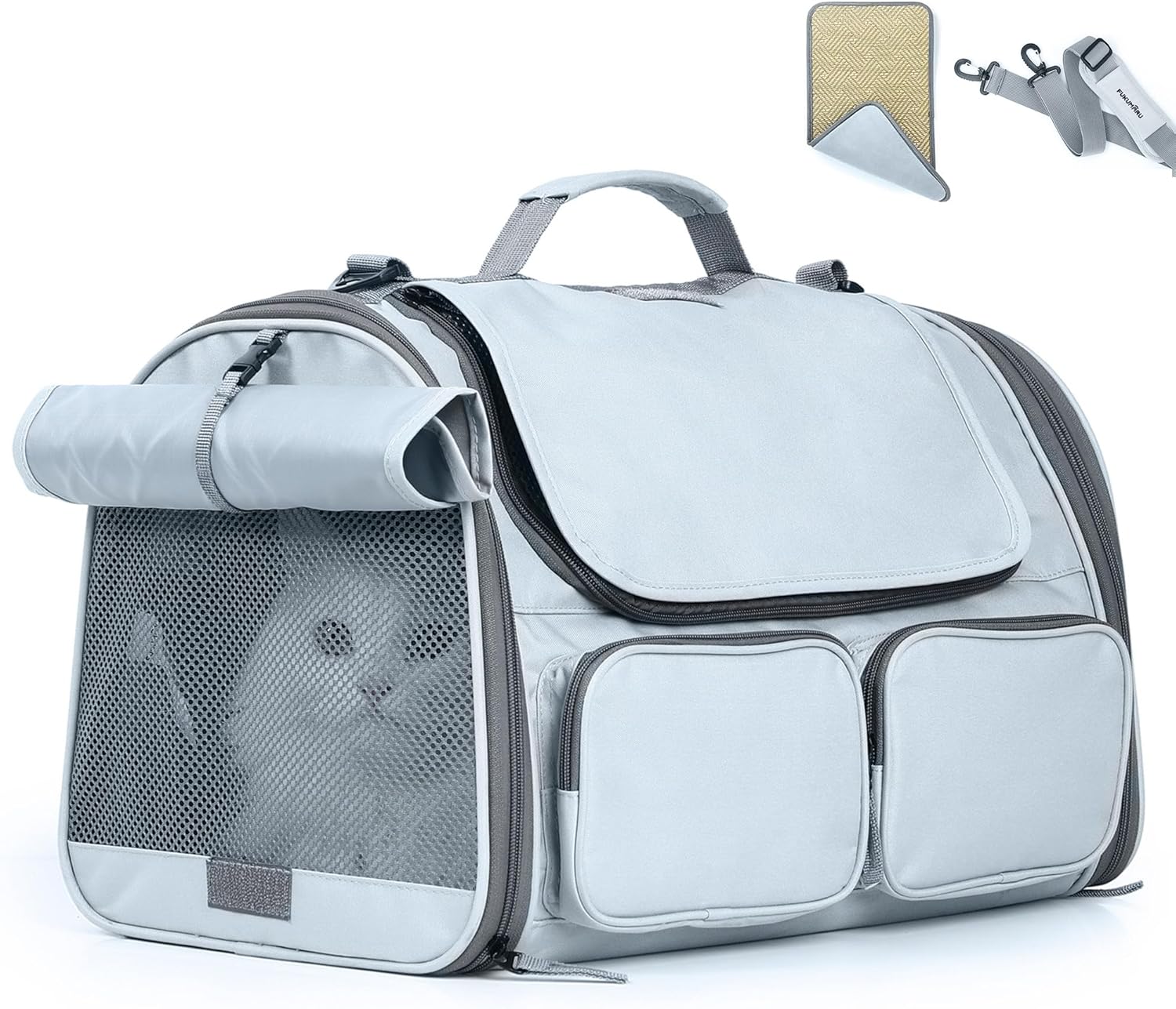 FUKUMARU Cat Carrier, Soft-Sided Small Dog Carrier, Large Cat Travel Bag with 4 Mesh Windows, Under 15 lb Airline Approved Pet Carrier with 4 Storage Pockets, Rollable Cover for Nervous Cats, Grey