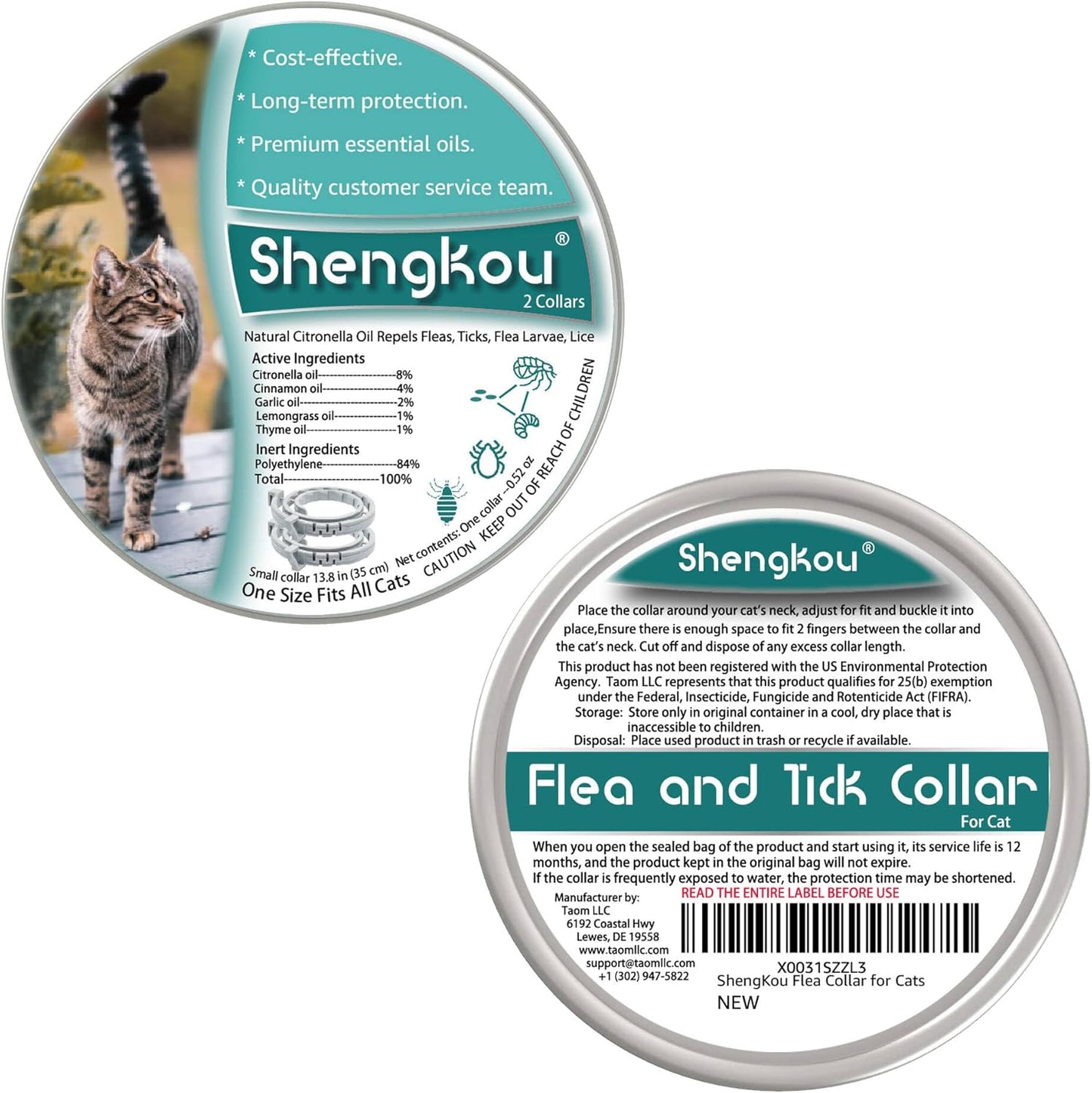 Flea and Tick Collar for Cats - Offers 12-Month Protection, Crafted with Premium Plant Oils, Waterproof, Natural, Safe for Kittens, Includes Free Comb and Tweezers, 13.8 in (2 Packs)