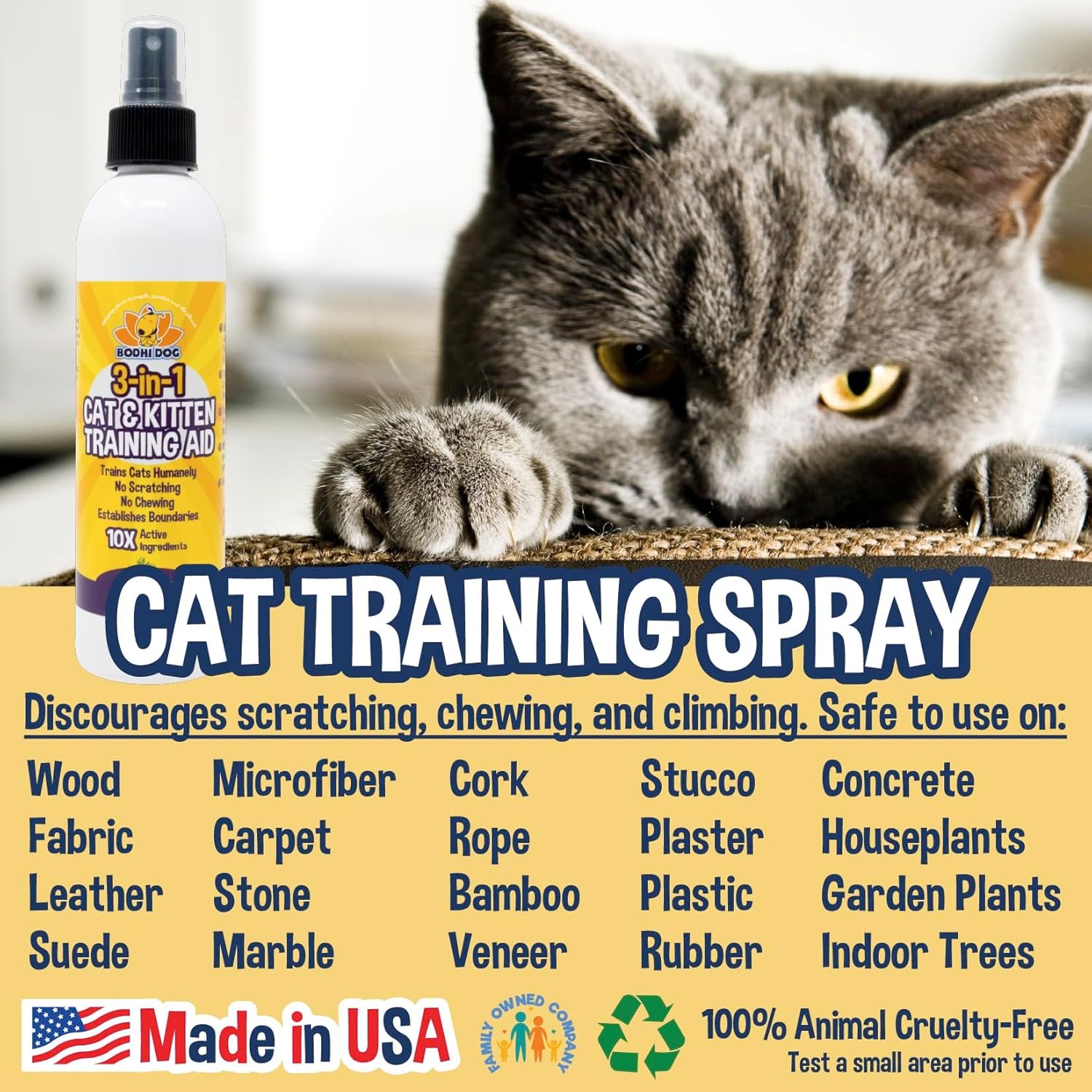 Bodhi Dog 3-in-1 Cat & Kitten Training Aid | Cat Deterrent Spray for Indoor and Outdoor Use | Cat Repellent Spray for Furniture | Establish Boundaries & Keep Cat Off | Made in The USA (8 oz)