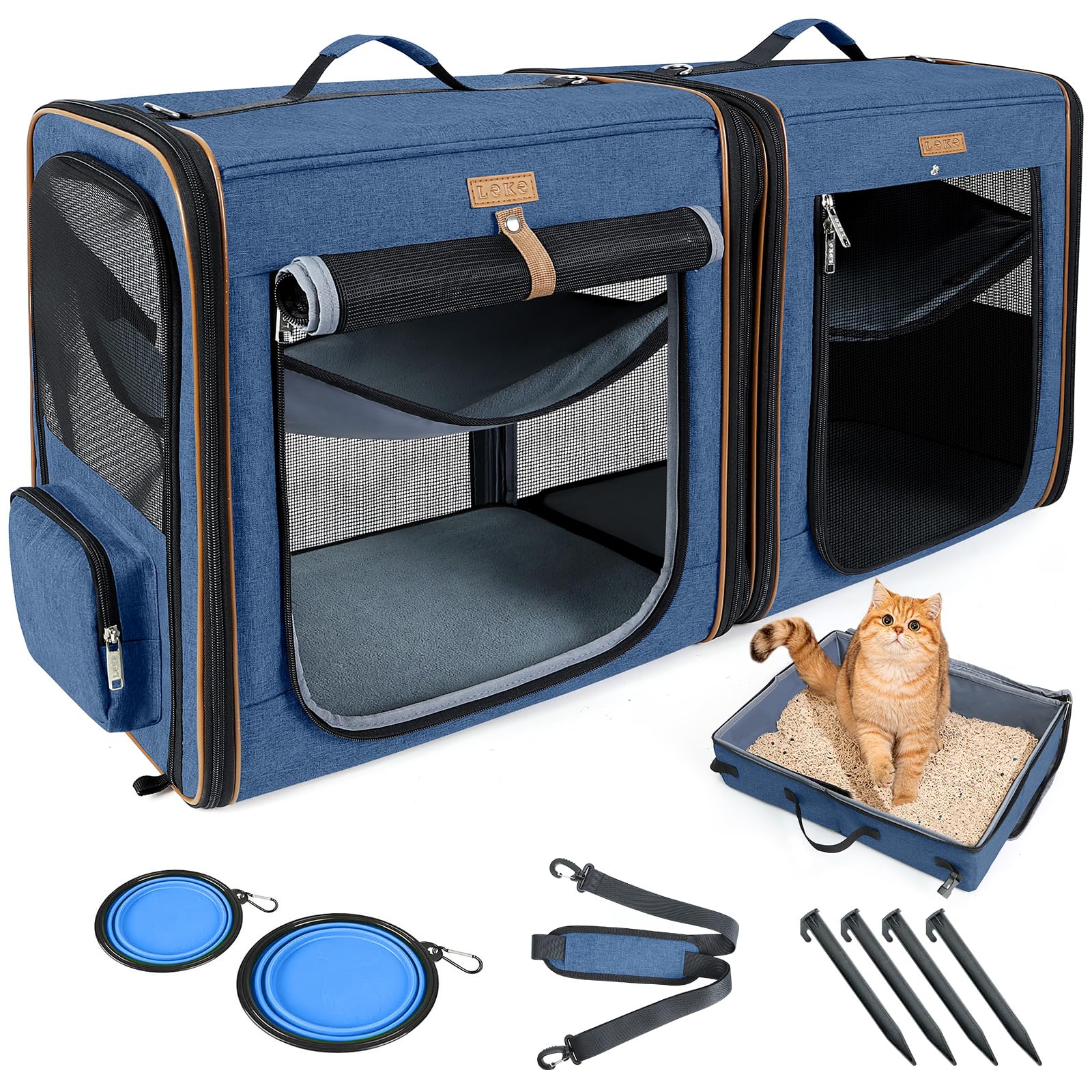 Lekereise 2-in-1 Cat,Dog Carrier for Small Medium Large Pets up to 35 Lbs, (17.7"*2)*16.5"*13" Car Travel Carrier with Litter Box, Bowl, and Locking Zipper - Grey