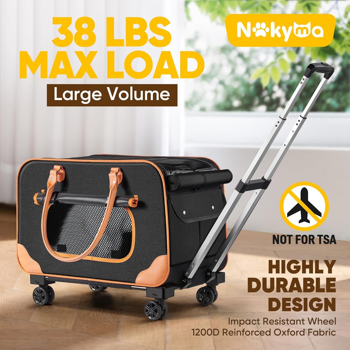 Large Cat Carrier with Wheels, Rolling Cat Carrier, 24.5"x 13.8"x 15.4" Pet Carrier with Wheels for Large Cats Small Dogs up to 38 LBS, Ideal for Travel, Walking and Camping(NOT for TSA)