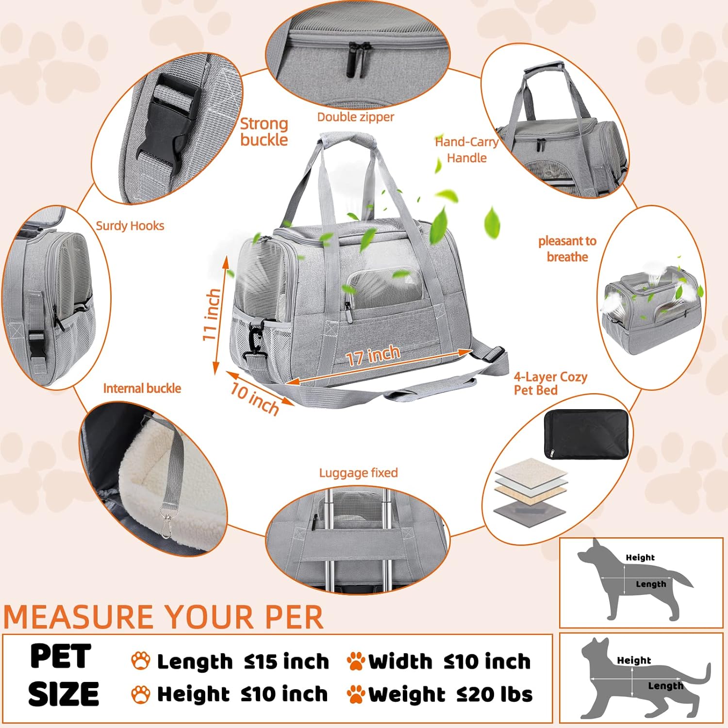 Pet Carrier Bag Airline Approved Up for Cats and Dogs Up to 20LBs, Soft Cat Carrier Dog Carrier Travel Kitten Carrier with Mat, Nail Clipper, Brush, Foldable Bowl Cat Accessories