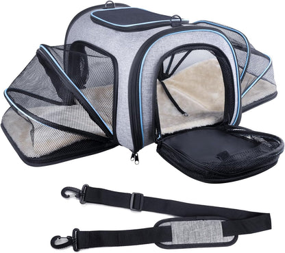 Siivton 4 Way Expandable Pet Carrier, Airline Approved Collapsible Cat Soft-Sided Carriers W/Removable Fleece Pad for Cats, Puppy, Small Dogs (18"x 11"x 11")