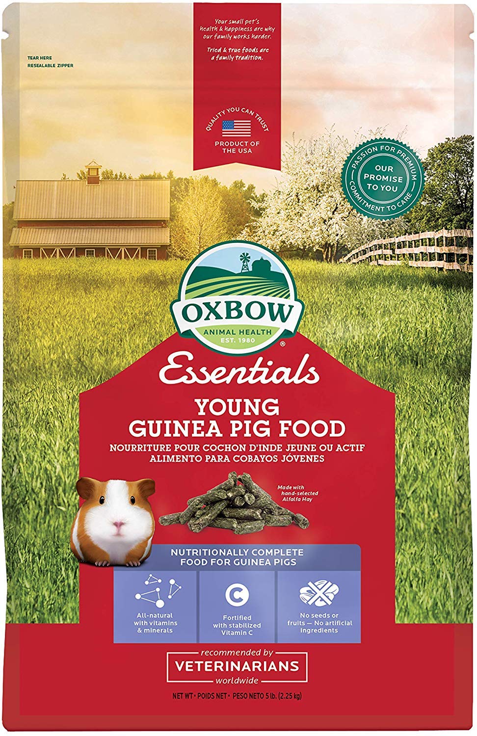 Oxbow Essentials Adult Guinea Pig Food - All Natural Adult Guinea Pig Pellets- Veterinarian Recommended- No Artificial Ingredients- All Natural Vitamins & Minerals- Made in the USA - 5 lb.