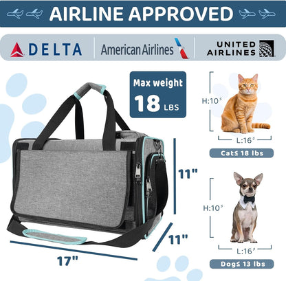 Cat Carrier American, United, Delta Airline Approved/Soft-Sided Pet Travel Bag for Medium Cat 15+ lbs Small Dog Traveling Crate Under 15 Pounds TSA Approved Carrying Cage Underseat Cabin Gray