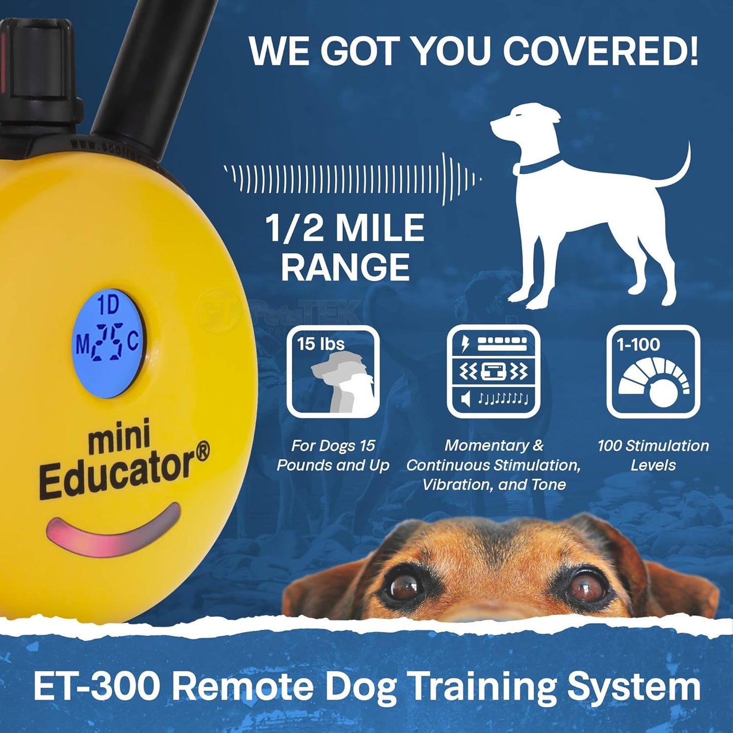 E-Collar - ET-300-1/2 Mile Remote Waterproof Trainer Mini Educator Remote Training Collar - 100 Training Levels Plus Vibration and Sound - Includes PetsTEK Dog Training Clicker