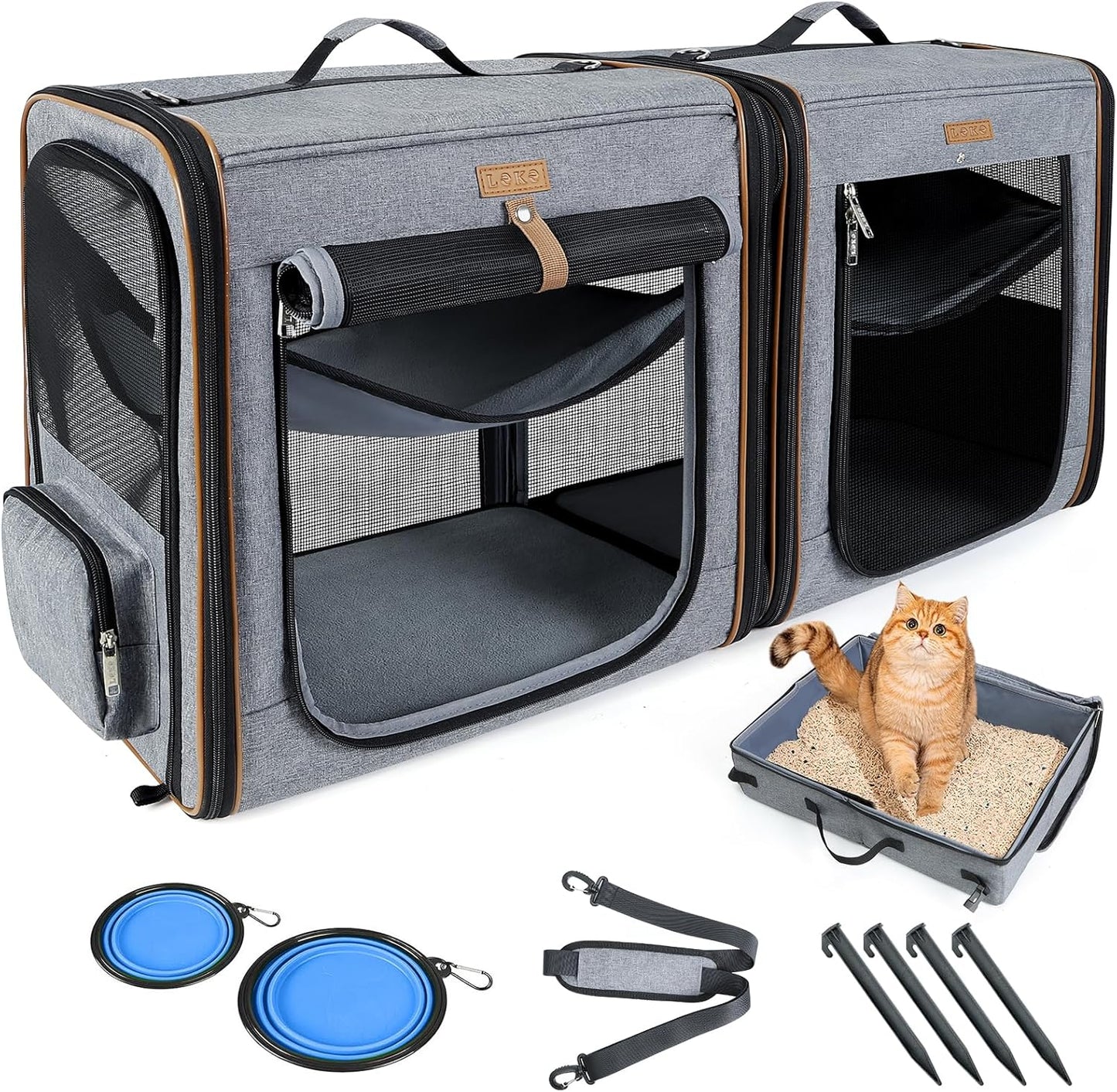 Lekereise 2-in-1 Cat,Dog Carrier for Small Medium Large Pets up to 35 Lbs, (17.7"*2)*16.5"*13" Car Travel Carrier with Litter Box, Bowl, and Locking Zipper - Grey