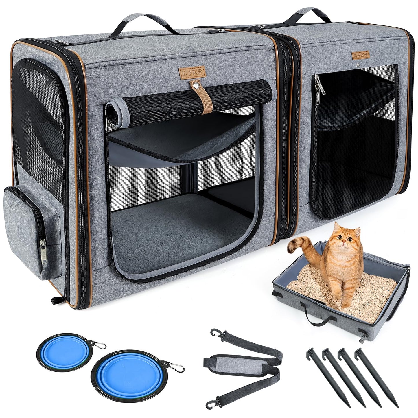 Lekereise 2-in-1 Cat,Dog Carrier for Small Medium Large Pets up to 35 Lbs, (17.7"*2)*16.5"*13" Car Travel Carrier with Litter Box, Bowl, and Locking Zipper - Grey