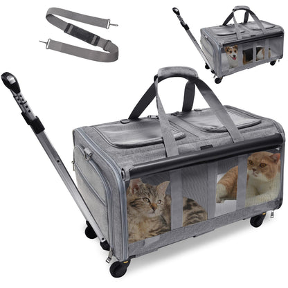 GJEASE Cat Rolling Carrier for 2 Cats,Double-Compartment Pet Rolling Carrier with Wheels for 2 Pets,for Up to 35 LBS,Super Ventilated Design,Ideal for Traveling/Hiking/Camping