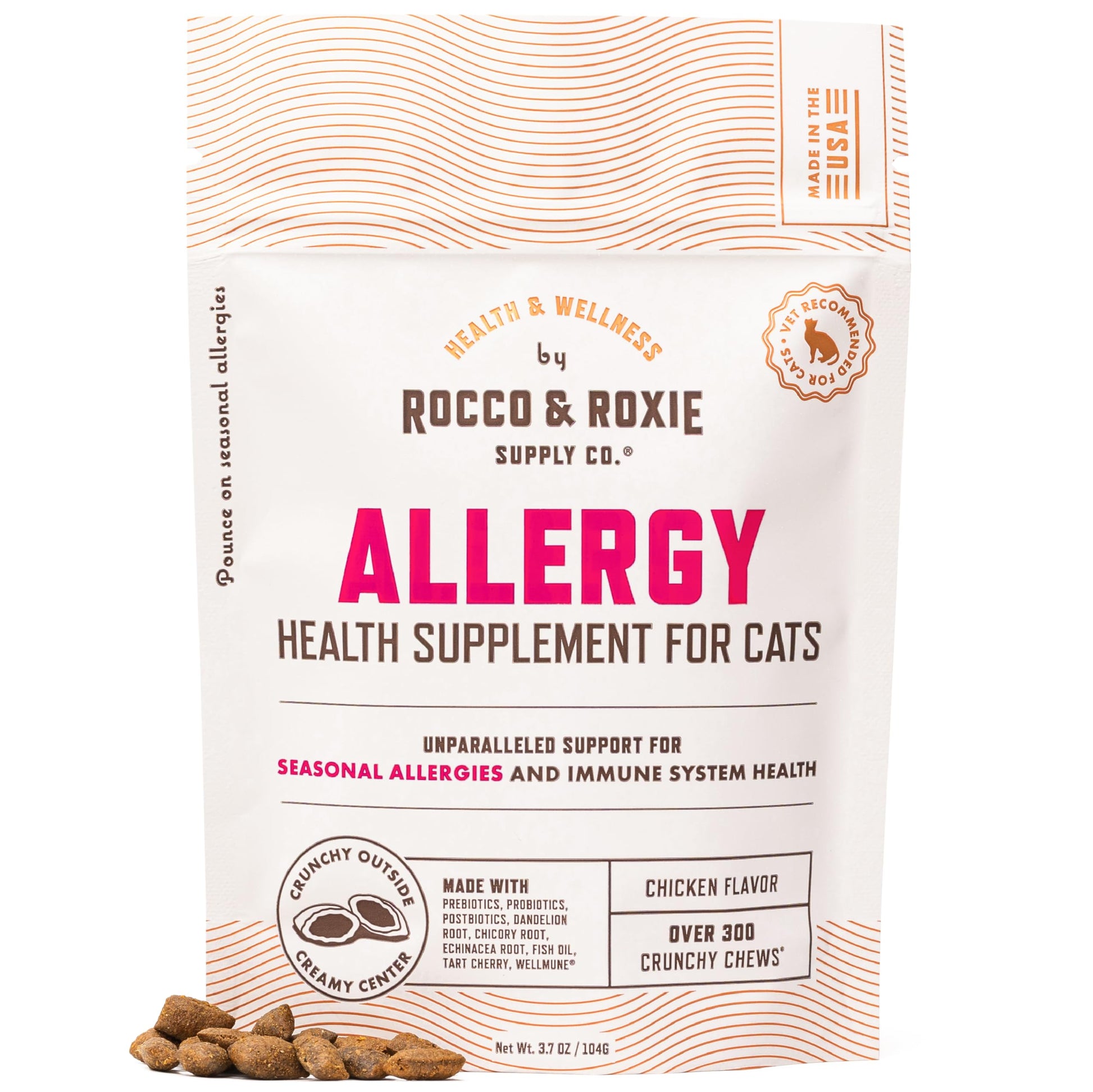 Rocco & Roxie Cat Probiotic Health Supplement for Cats, Prebiotic and Postbiotic for Digestive + Gut Support, Constipation Relief, Anti Diarrhea, Supplements & Vitamins, Chicken Flavored Crunchy Chews