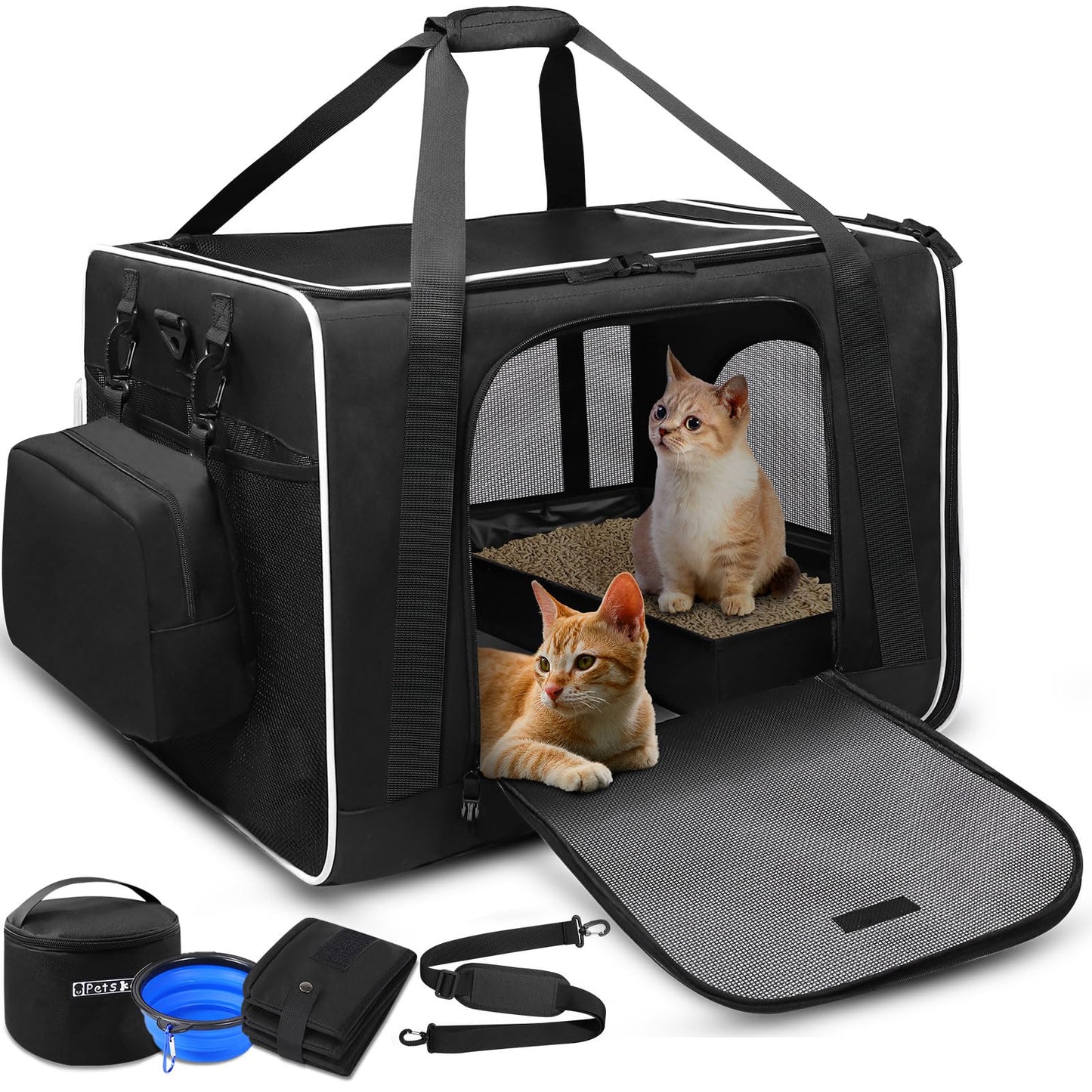 Petskd Extra Large Pet Carrier with Wheels 24"x17"x17" for Cats, Pet Carrier for 2 Cats or Medium Dog, Cat Carrier for Car Travel with Litter Box, Bowl and Locking Safety Zipper(Black)