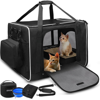 Petskd Extra Large Pet Carrier with Wheels 24"x17"x17" for Cats, Pet Carrier for 2 Cats or Medium Dog, Cat Carrier for Car Travel with Litter Box, Bowl and Locking Safety Zipper(Black)