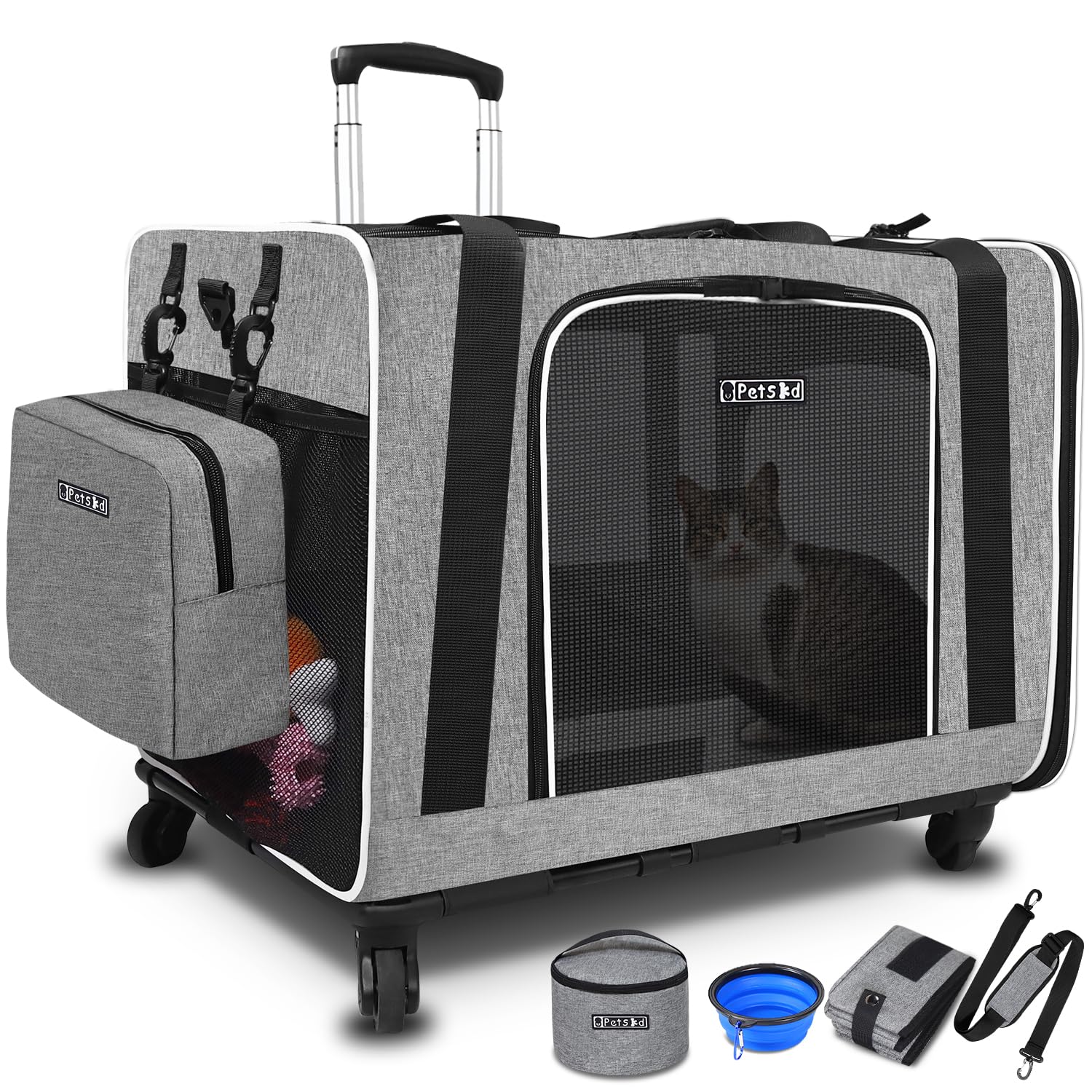 Petskd Extra Large Pet Carrier with Wheels 24"x17"x17" for Cats, Pet Carrier for 2 Cats or Medium Dog, Cat Carrier for Car Travel with Litter Box, Bowl and Locking Safety Zipper(Black)