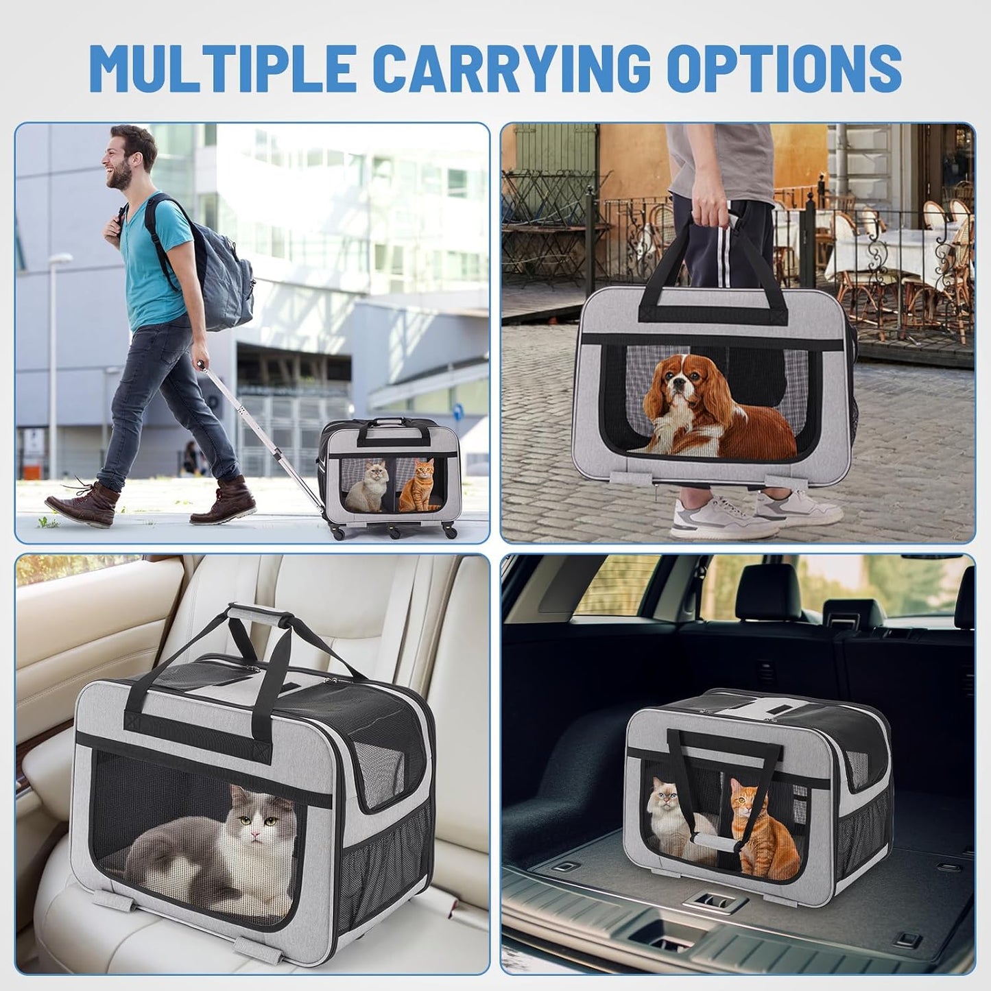 Extra Large Double Pet Carrier with Wheels for Small Dogs and All-Breed Cats, Cat Rolling Carrier for 2 Cats, Support up to 40 Lbs, Grey