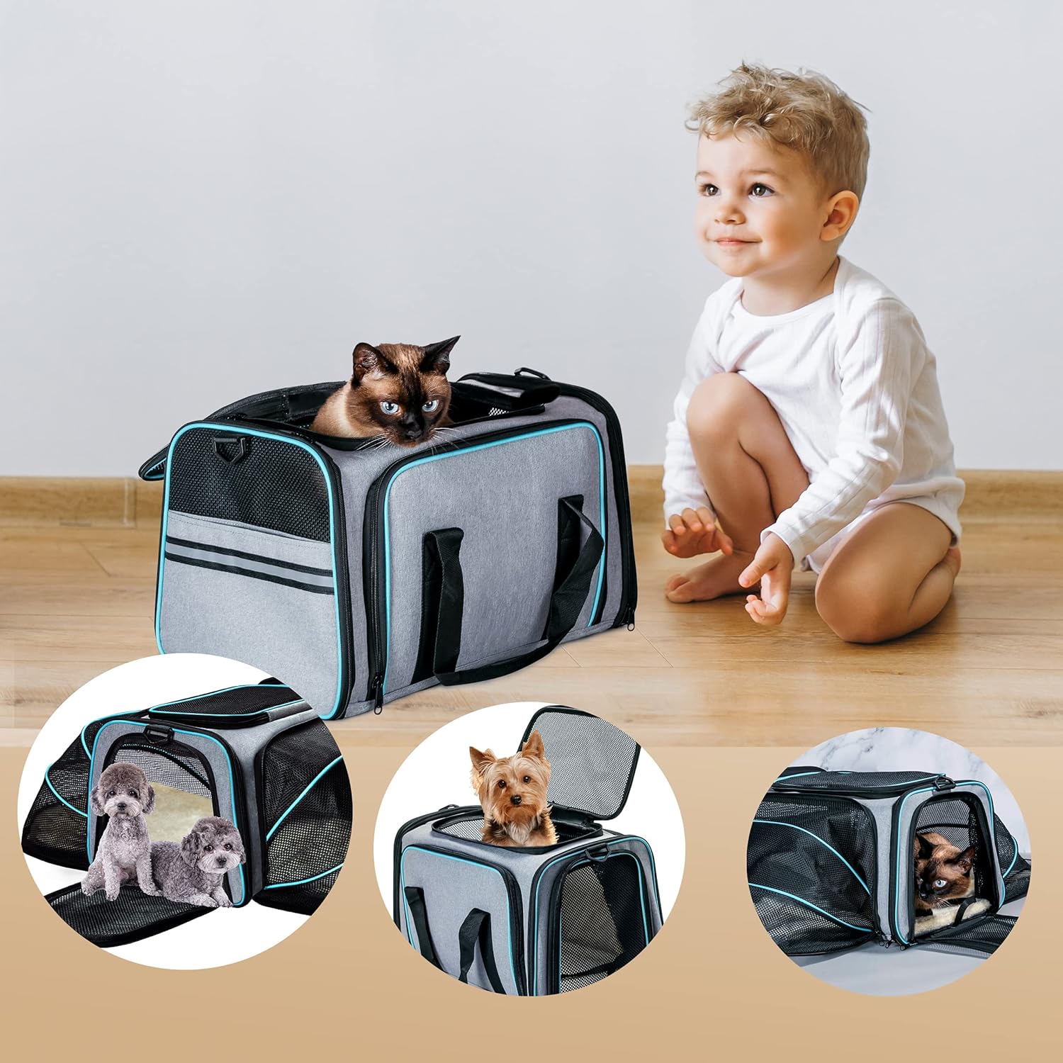 Cat Dog Carrier - Airline Approved Expandable Soft-Sided Pet Carrier with Removable Fleece Pad and Pockets, for Cats/Puppy and Small Animals Large(2 side expandable)