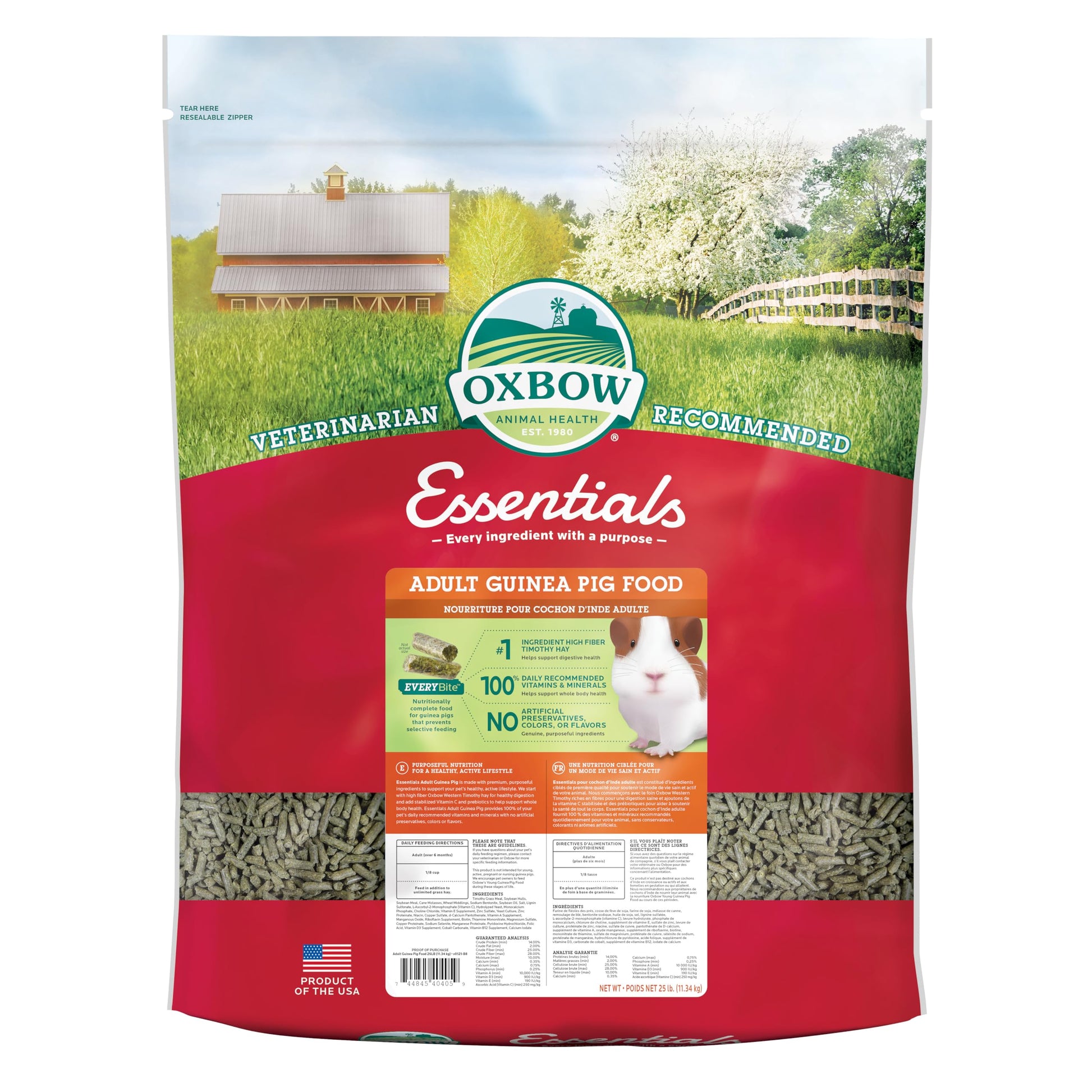 Oxbow Essentials Adult Guinea Pig Food - All Natural Adult Guinea Pig Pellets- Veterinarian Recommended- No Artificial Ingredients- All Natural Vitamins & Minerals- Made in the USA - 5 lb.