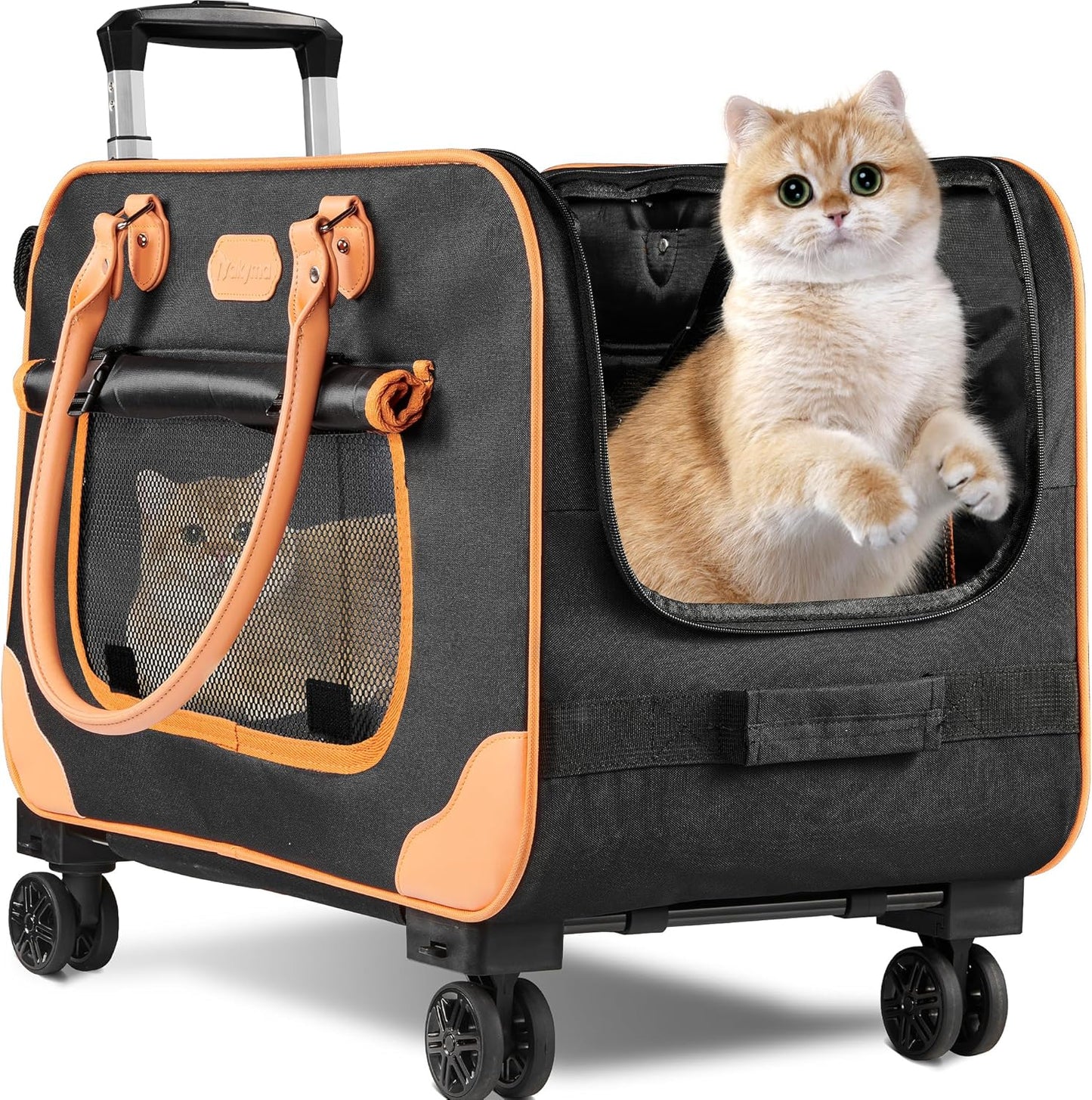 Large Cat Carrier with Wheels, Rolling Cat Carrier, 24.5"x 13.8"x 15.4" Pet Carrier with Wheels for Large Cats Small Dogs up to 38 LBS, Ideal for Travel, Walking and Camping(NOT for TSA)