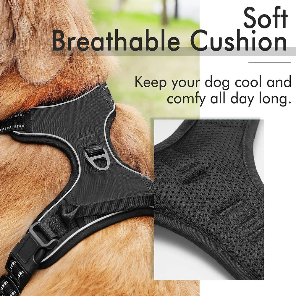 Adjustable No Pull Dog Harness with reflective strips for night safety.
