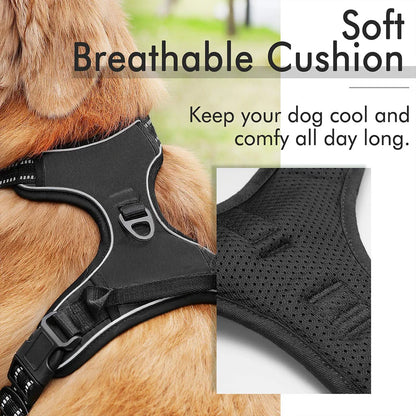 Adjustable No Pull Dog Harness with reflective strips for night safety.