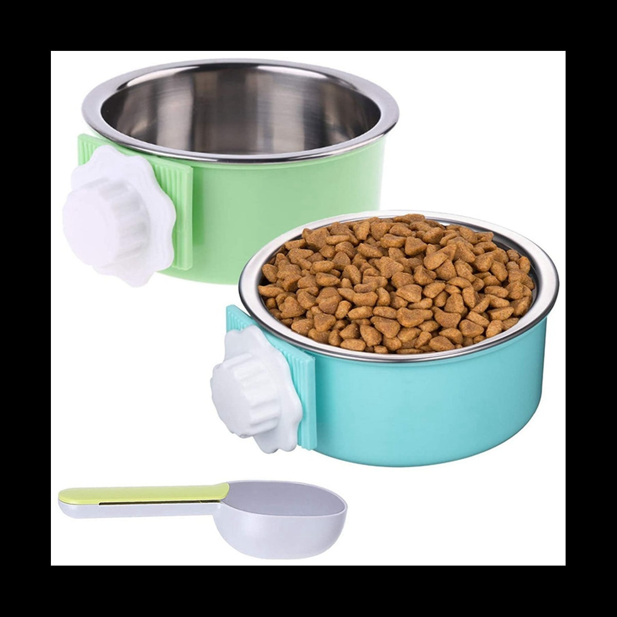 2 Pieces Crate Dog Bowl, Removable Stainless Steel Pet Kennel Hanging Food Water Feeder Bowl Cage Coop Cup with Spoon