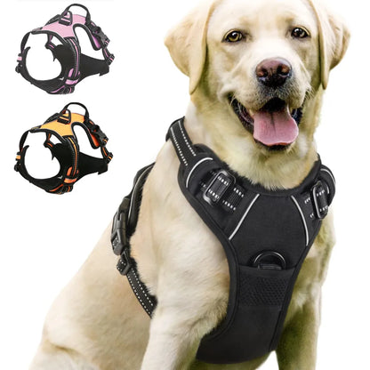 No Pull Dog Harness with 2 leash clips in black, displayed on a Labrador