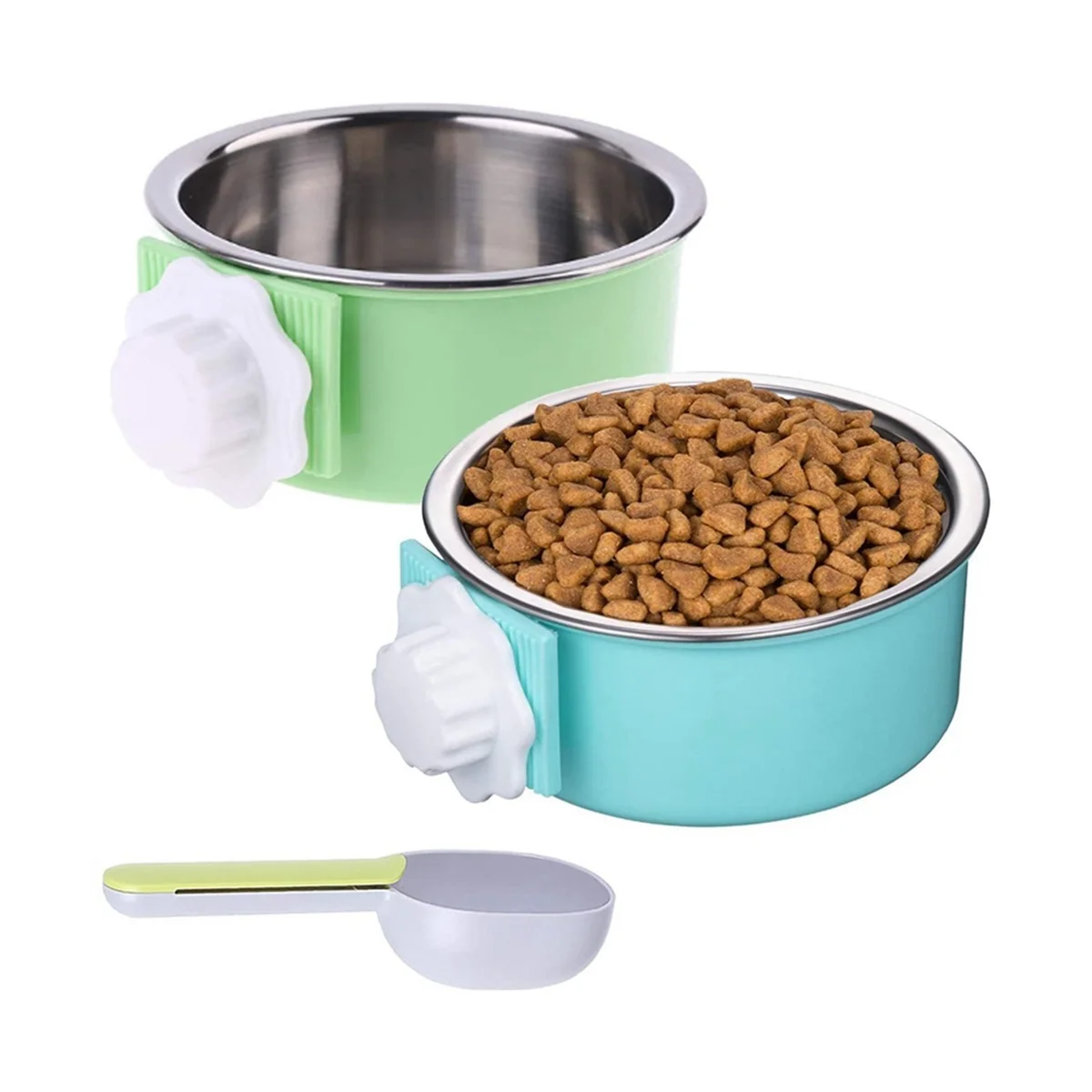 2 Pieces Crate Dog Bowl, Removable Stainless Steel Pet Kennel Hanging Food Water Feeder Bowl Cage Coop Cup with Spoon