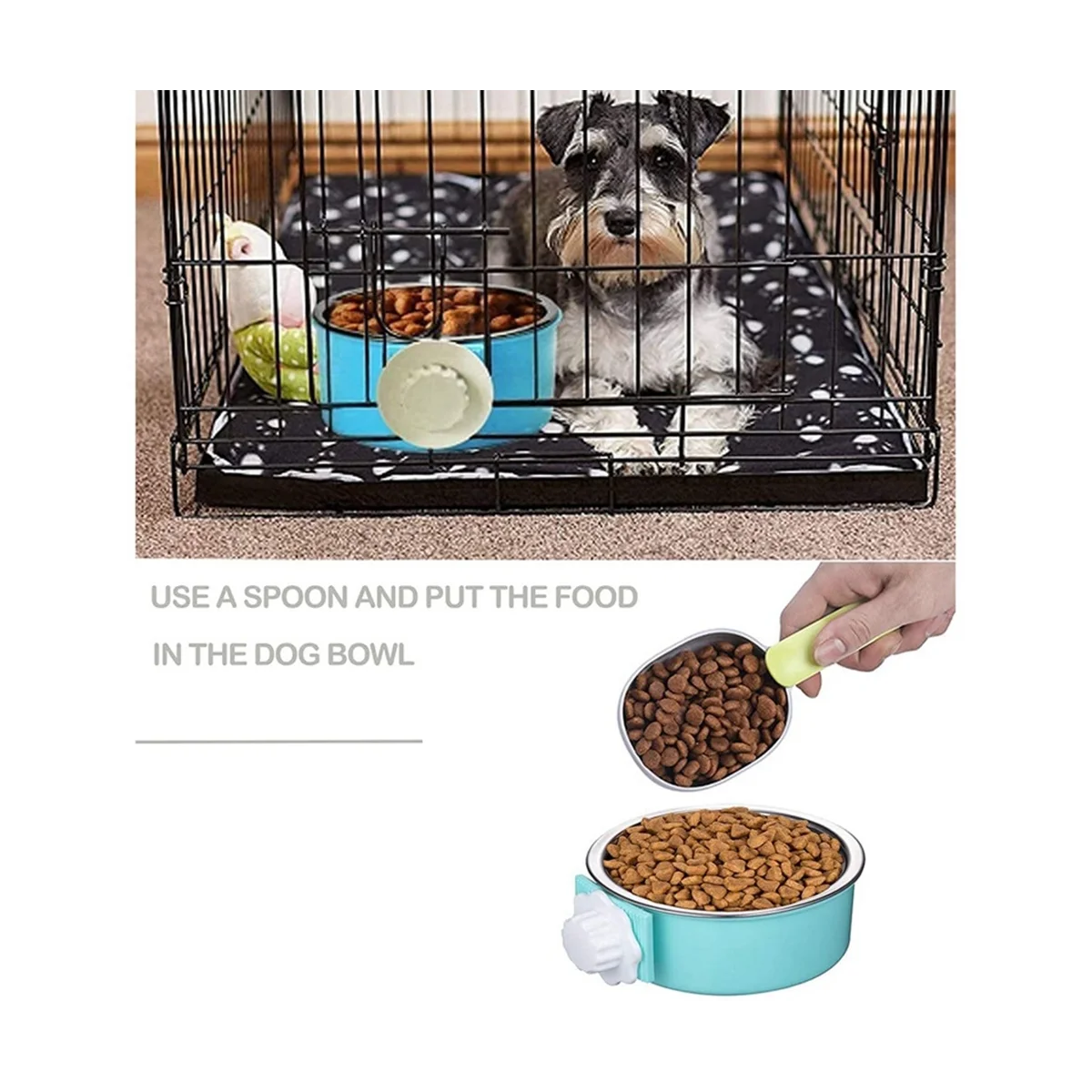 2 Pieces Crate Dog Bowl, Removable Stainless Steel Pet Kennel Hanging Food Water Feeder Bowl Cage Coop Cup with Spoon