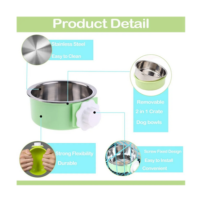 2 Pieces Crate Dog Bowl, Removable Stainless Steel Pet Kennel Hanging Food Water Feeder Bowl Cage Coop Cup with Spoon