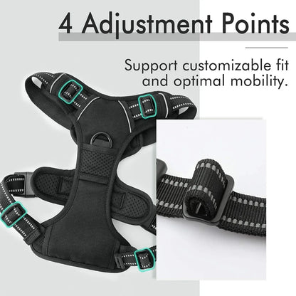 Soft-padded dog harness with front and back metal leash attachments.