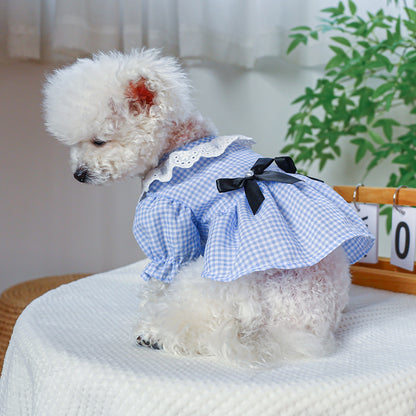 Pet Ring Dog Clothing Cat Clothes Bow Lace Collar Edge Black And White Plaid Princess Love Pearl Skirt