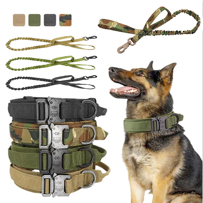 Tactical dog collar with heavy-duty metal buckle and nylon material for military-style durability