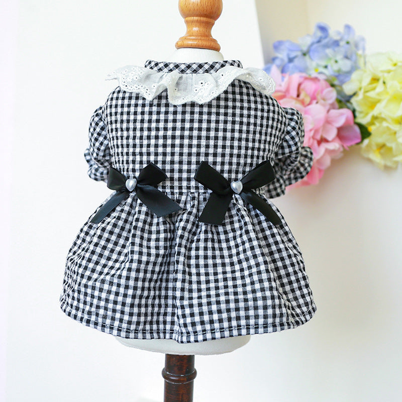 Pet Ring Dog Clothing Cat Clothes Bow Lace Collar Edge Black And White Plaid Princess Love Pearl Skirt