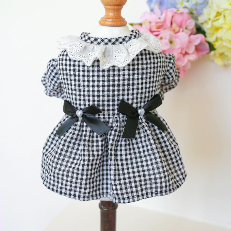 Pet Ring Dog Clothing Cat Clothes Bow Lace Collar Edge Black And White Plaid Princess Love Pearl Skirt