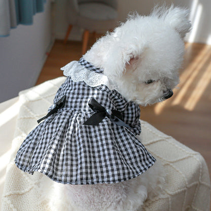 Pet Ring Dog Clothing Cat Clothes Bow Lace Collar Edge Black And White Plaid Princess Love Pearl Skirt